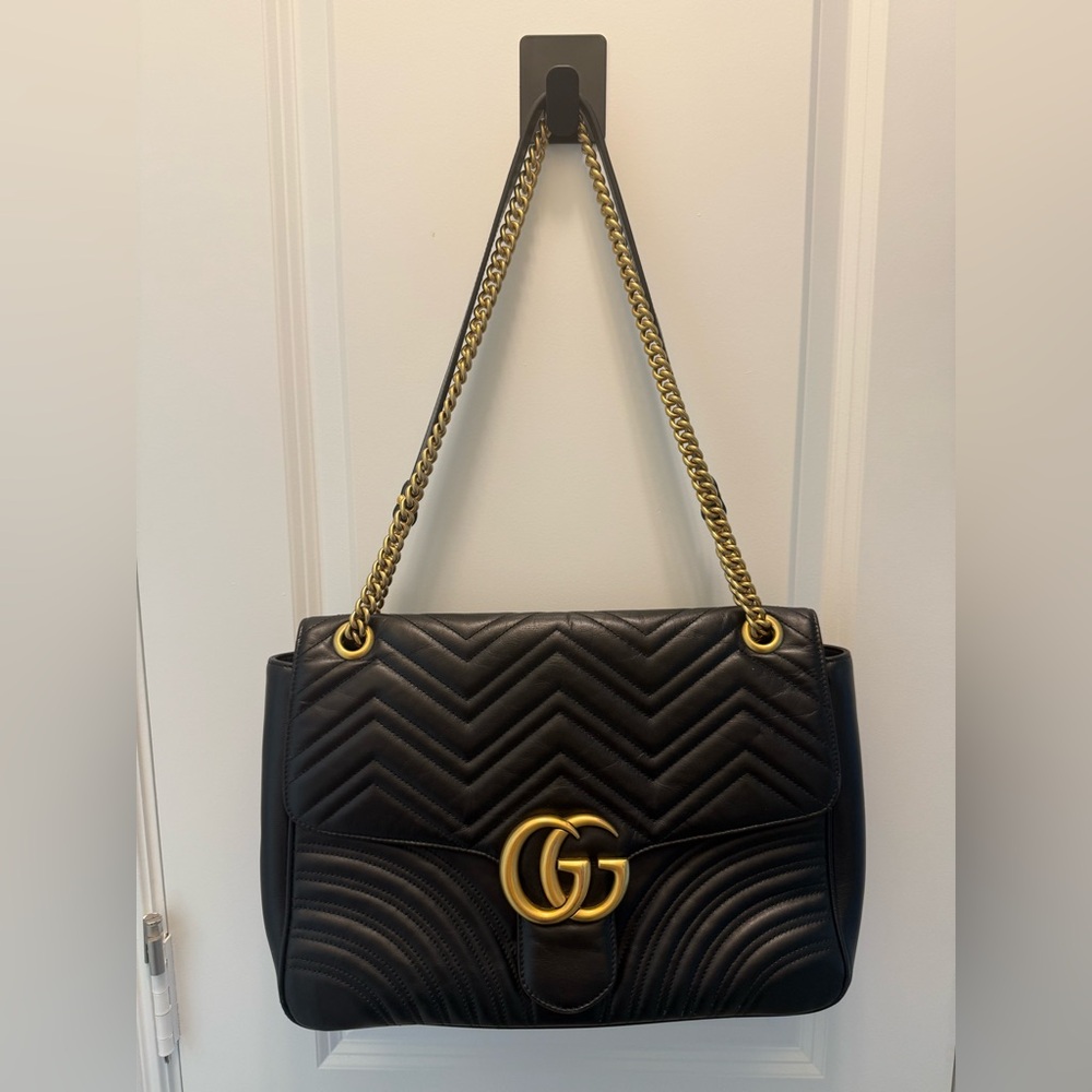 Gucci Marmont GG Large Black Quilted Shoulder Bag with Gold Accents